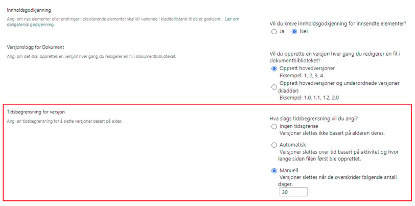 Innstillinger for versjonskontroll for Dokumentbibliotek